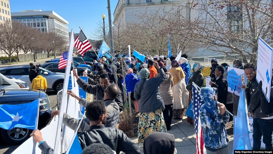 Somali American demonstrators gather during a rally outside the State Department in Washington, Feb. 24, 2023, to call attention to the clashes in a disputed town in Somalia’s breakaway Somaliland region.