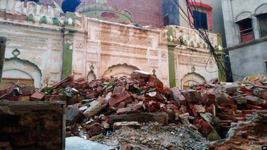 FILE - Debris remains from an Ahmadi mosque that was demolished by an angry mob May, 24, 2018, in Sialkot, Pakistan. Another Ahmadi place of worship was demolished by opponents in Lahore in September 2023.