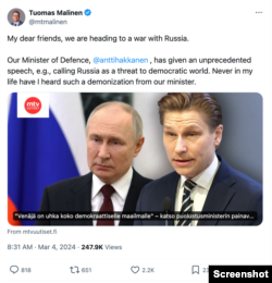 Публікація, яка неправдиво характеризує промову міністра оборони Фінляндії Аннті Хаканена, в якій описується історія агресії Росії проти України та інших країн, таких як Грузія, як еквівалент "прямування до війни з Росією". Фото: X