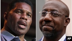 This combination of photos shows Herschel Walker, Republican candidate for U.S. Senate for Georgia, on May 23, 2022, in Athens, Ga., left, and Democratic nominee for U.S. Senate Sen. Raphael Warnock on Nov. 10, 2022, in Atlanta.