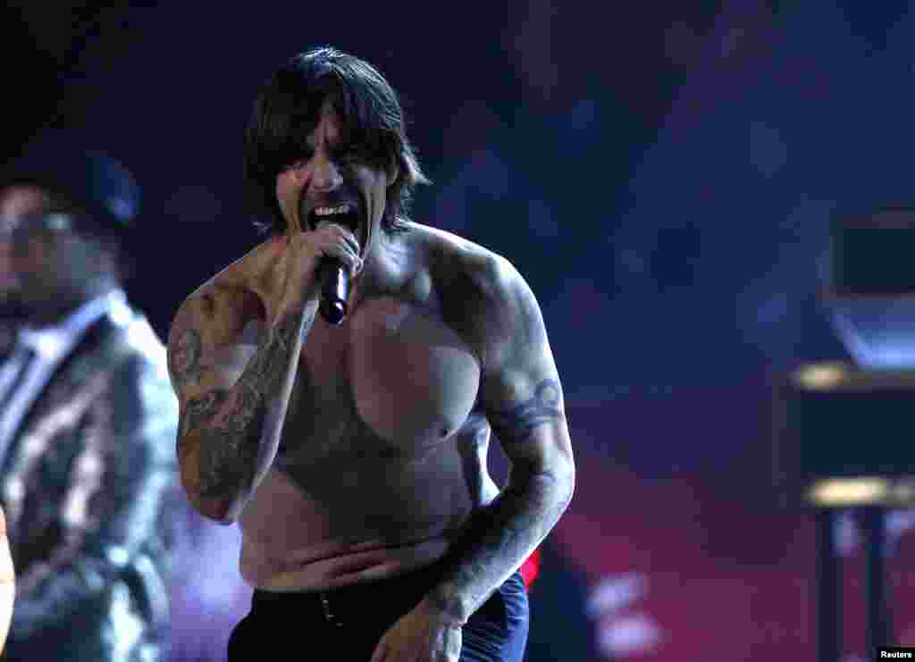 Anthony Kiedis of The Red Hot Chili Peppers performs during the halftime show of the NFL Super Bowl XLVIII football game between the Denver Broncos and the Seattle Seahawks in East Rutherford, New Jersey, Feb. 2, 2014.