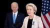 US President Joe Biden listens while European Commission President Ursula von der Leyen makes a statement about Russia in Brussels, on March 25, 2022. 