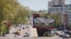 The coat of arms of Transnistria is depicted on a banner in central Tiraspol, self-styled capital of the pro-Russia separatist region in eastern Moldova, May 5, 2022.