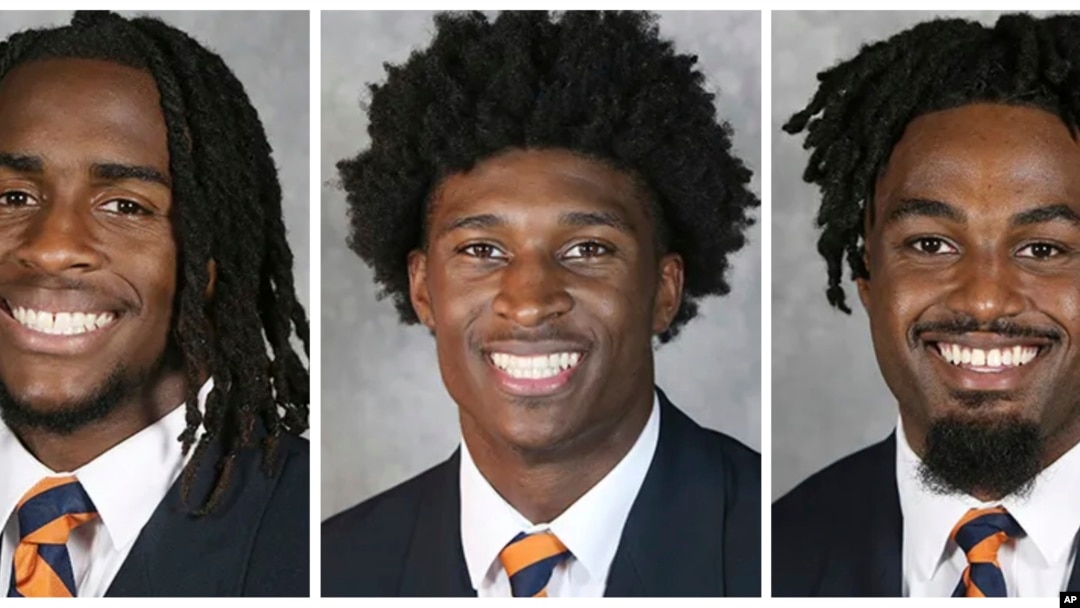 This combo of undated image provided by University of Virginia Athletics shows NCAA college football players, from left, Devin Chandler, Lavel Davis Jr. and D'Sean Perry, killed in a shooting, Nov. 13, 2022, in Charlottesville, Va., 