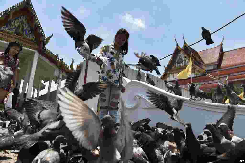 Two girls feed pigeons at the Wat Rakang Temple in Bangkok.