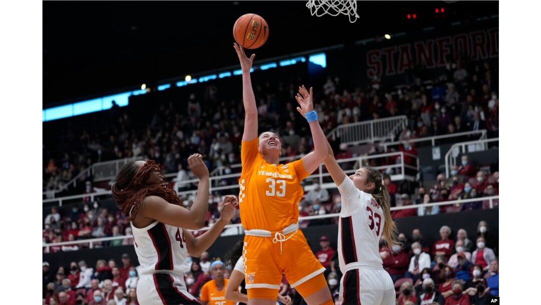 FILE - Tennessee guard Marta Suarez (33) shoots between Stanford forward Kiki Iriafen, left, and guard Hannah Jump during the first half of an NCAA college basketball game in Stanford, Calif., Sunday, Dec. 18, 2022. (AP Photo/Godofredo A. Vásquez)
