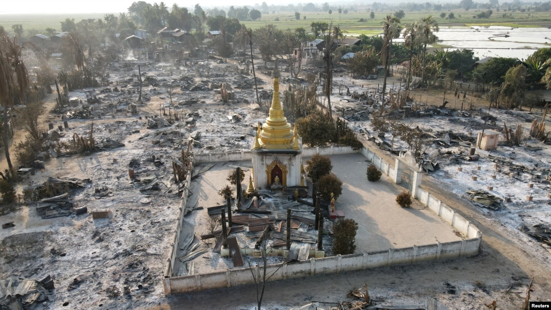 FILE - An aerial view of Bin village of the Mingin Township in Sagaing region, Myanmar, after villagers say it was set ablaze by the military, Feb. 3, 2022.