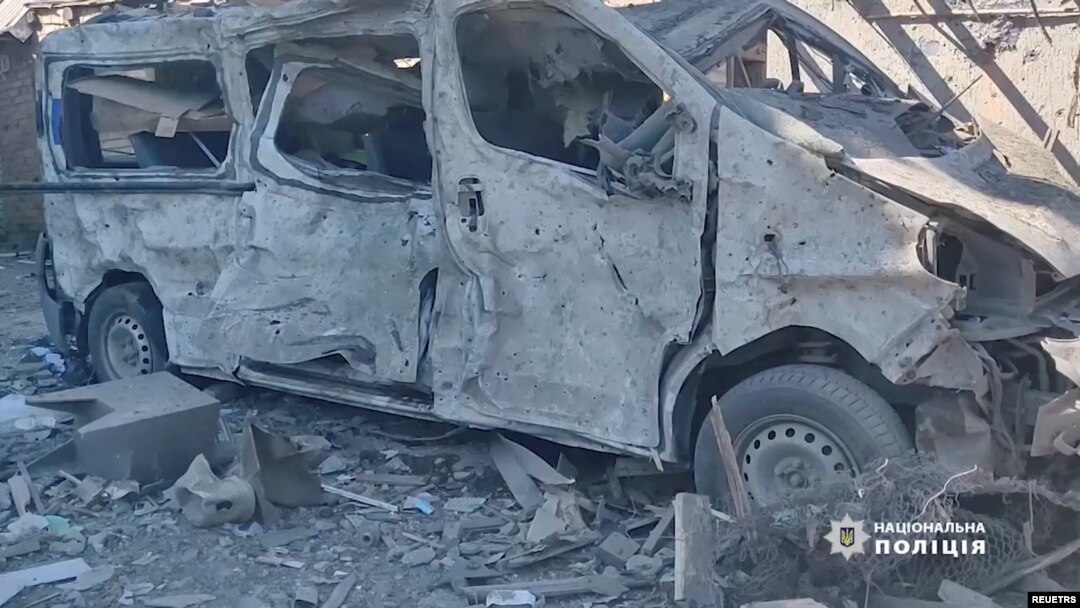 A view shows a damaged vehicle, as Russia's invasion of Ukraine continues, in Bakhmut, Donetsk Oblast, Ukraine in this still image obtained from a social media video released on July 2, 2022. National Police of Ukraine/Handout via REUTERS