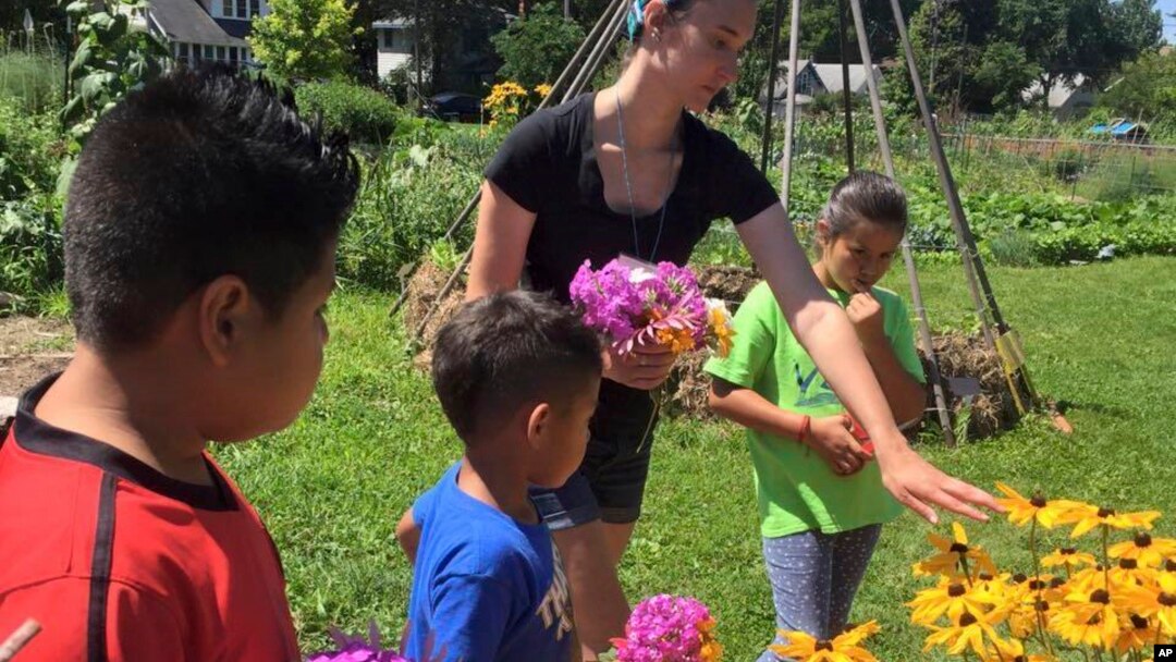 In this photo provided by Ginny Hughes, members of the Troy Kids' Garden Learning Community make bouquets at Troy Gardens in Madison, Wis. (Ginny Hughes via AP)