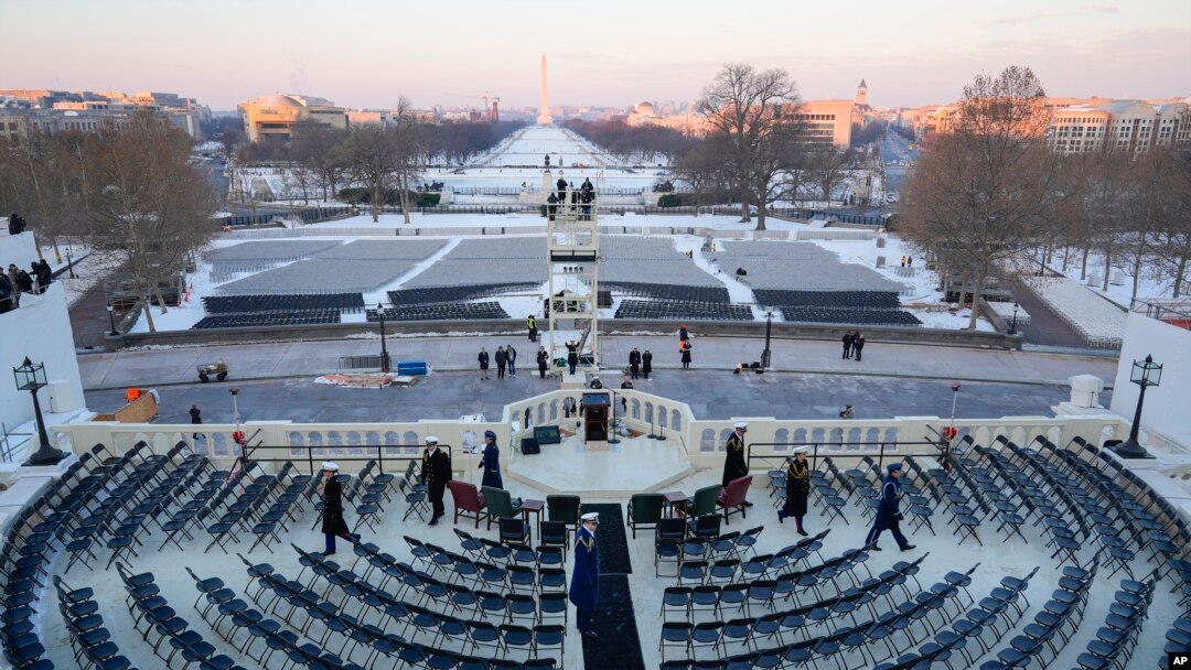 FILE - Members of the U.S. military are on stage during a rehearsal at the U.S. Capitol ahead of President-elect Donald Trump's upcoming inauguration in Washington, Jan. 12, 2025.