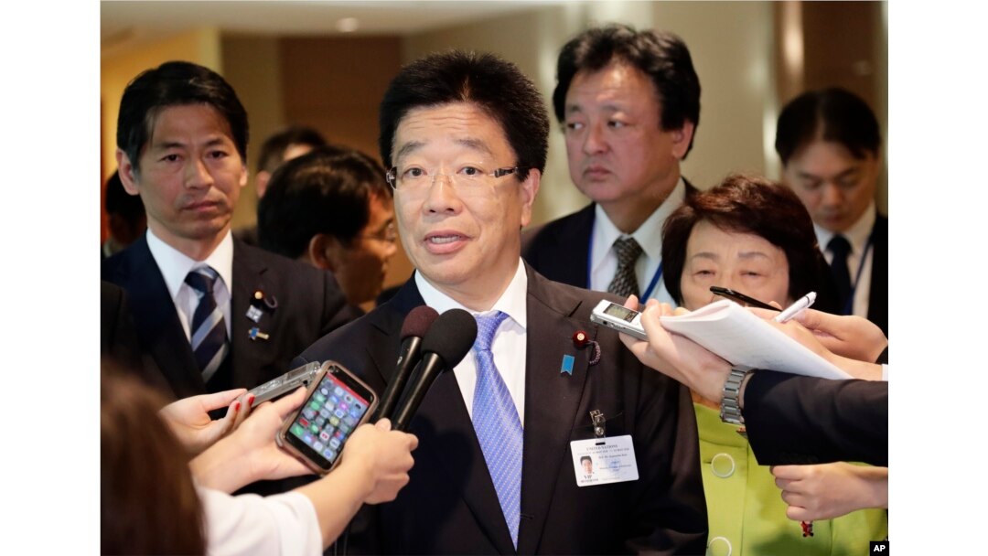 Katsunobu Kato, Japanese Minister in charge of the abduction issue, responds to questions, May 3, 2018, at the United Nations headquarters.