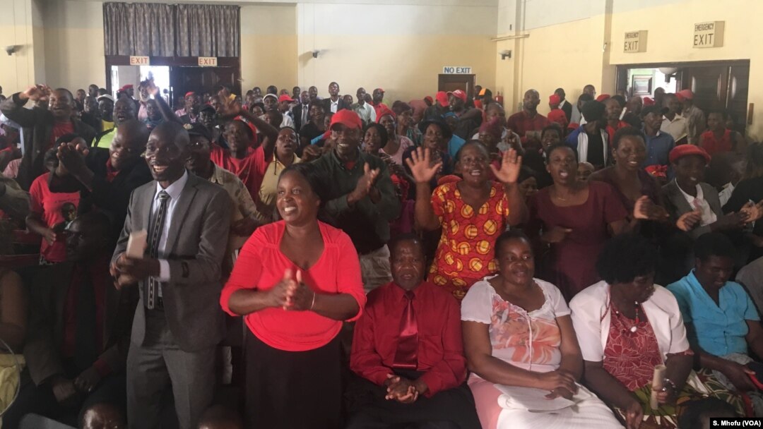The leaders of the Movement for Democratic Change meet Feb. 23, 2018, to address the struggle for power that has rocked their party following the death of their leader, Morgan Tsvangirai, in South Africa after a two-year battle with colon cancer.