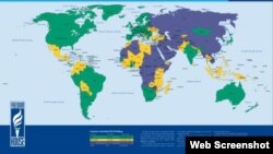 Україна на «мапі свободи» – частково вільна (жовтий колір; фіалковий – невільні країни)