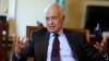 The Arab League's Secretary-General Nabil Elaraby speaks to Nasr al-Hariri, secretary-general of the Syrian National Coalition, Syria's main opposition group, at the League's headquarters in Cairo, Egypt, Sept. 6, 2014. 