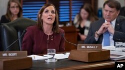 Sen. Martha McSally, R-Ariz., recounts her own experience with sexual assault while serving as a colonel in the Air Force, on Capitol Hill in Washington, March 6, 2019. She spoke during a hearing on prevention and response to sexual assault in the military.