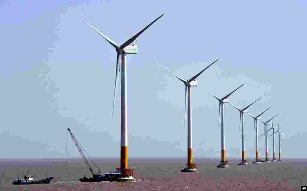 Wind turbines of the Donghai Bridge Offshore Wind Farm are seen near Shanghai. While China is the world’s largest polluter, it is also the world’s largest producer of wind energy, and hopes to double its production over the next six years.