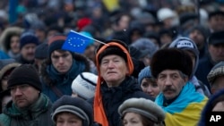 Проєвропейські активісти слухають оратора під час мітингу на Майдані Незалежності в Києві, Україна, 8 грудня 2013 року.