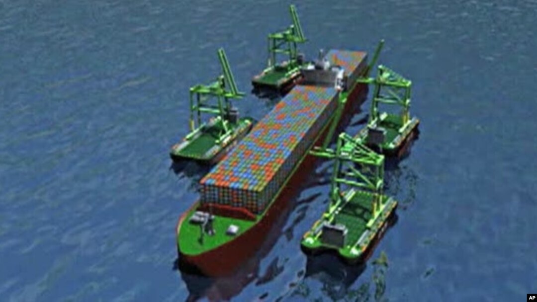 A computer simulation demonstrates how smaller ships could unload containers from a larger cargo ship at sea