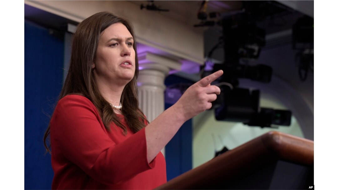 White House press secretary Sarah Huckabee Sanders speaks during the daily briefing at the White House in Washington, Aug. 2, 2017.