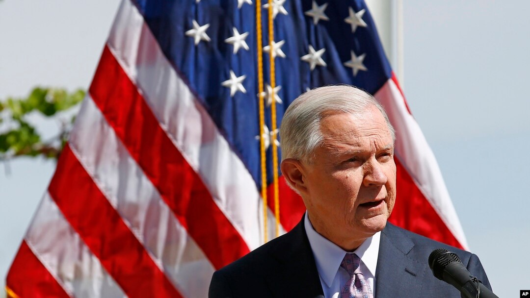 FILE - Attorney General Jeff Sessions speaks at a news conference after touring the U.S.-Mexico border, April 11, 2017, in Nogales, Ariz. Sessions announced making immigration enforcement a key Justice Department priority.