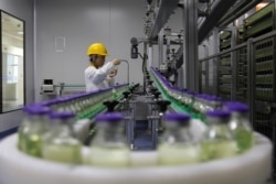 FILE - An employee works on a production line manufacturing drugs at the Yangtze River Pharmaceutical Group in Taizhou, Jiangsu province, China, Sept. 3, 2019.