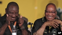 African National Congress (ANC) re-elected President Jacob Zuma, right, with his new deputy Cyril Ramaphosa, left, during their elective conference at the University of the Free State in Bloemfontein, South Africa, Dec. 18, 2012.