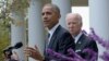 President Barack Obama, accompanied by Vice President Joe Biden, speaks about the election results in the Rose Garden at the White House in Washington, Nov. 9, 2016.