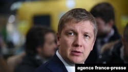 FILE - Ukraine's oil and gas company Naftogaz Chief Executive Officer Andriy Kobolyev talks during a press conference at EU headquarters in Brussels, Jan. 21, 2019.