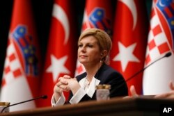 FILE - Croatia's President Kolinda Grabar-Kitarovic attends a news conference in Ankara, Turkey, Jan. 16, 2019.