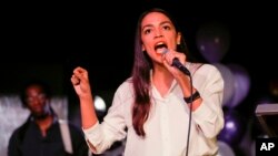 Congresswoman-elect Alexandria Ocasio-Cortez speaks on election night in New York City, November 6, 2018.