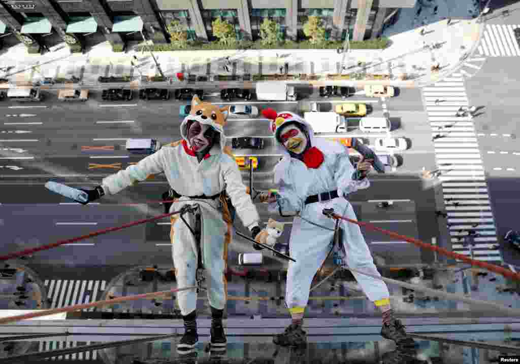 Window cleaners, dressed as a rooster, this year's Chinese zodiac animal and a dog, next year's Chinese zodiac animal, pose for photographers as they clean the windows of Ryumeikan hotel during a promotional event to celebrate the upcoming new year in Tokyo.