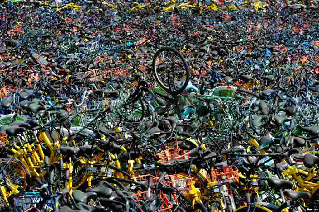 Bicycles of various bike-sharing services are seen at a vacant lot in Wuhan, Hubei province, China.