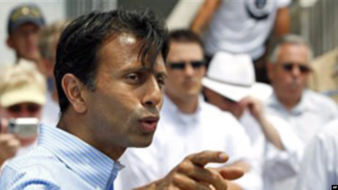 Louisiana Gov. Bobby Jindal speaks at a news conference on the first anniversary of the Deepwater Horizon oil spill in Grand Isle, La., April 20, 2011
