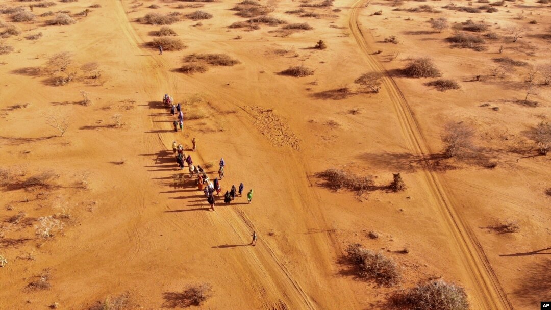 FILE - People arrive at a displacement camp on the outskirts of Dollow, Somalia on Septemer 21, 2022 amid a drought. (AP Photo/Jerome Delay, File)