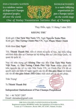 Kháng thư gửi đến chính quyền Việt Nam.