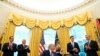 President Donald Trump announces from the Oval Office on Sept. 11, 2020, that Bahrain has agreed to normalize ties with Israel. Joining Trump from left, Treasury Secretary Steven Mnuchin, V.P. Mike Pence, Trump, Jared Kushner and special envoy Brian Hook.