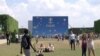 General view of the soccer fan zone on the Champ de Mars near the Eiffel Tower in Paris.