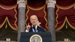 FILE - President Joe Biden speaks in Statuary Hall on the first anniversary of the Jan. 6, 2021, attack on the U.S. Capitol by supporters of former President Donald Trump, Jan. 6, 2022.