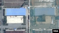 북한 평안남도 평성 소재 '3월16일 공장'을 지난해 4월 촬영한 '구글어스/DigitalGlobe' 제공 위성사진(왼쪽)과 지난해 11월 21일 촬영한 'TerraServer/DigitalGlobe' 제공 위성사진. ICBM 조립건물로 추정되는 시설이 새로 세워진 것을 알 수 있다.