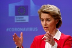 European Commission President Ursula von der Leyen speaks during a media conference, detailing EU efforts to limit the economic impact of the Covid-19 outbreak, at EU headquarters in Brussels, Thursday, April 2, 2020. The new coronavirus causes mild…