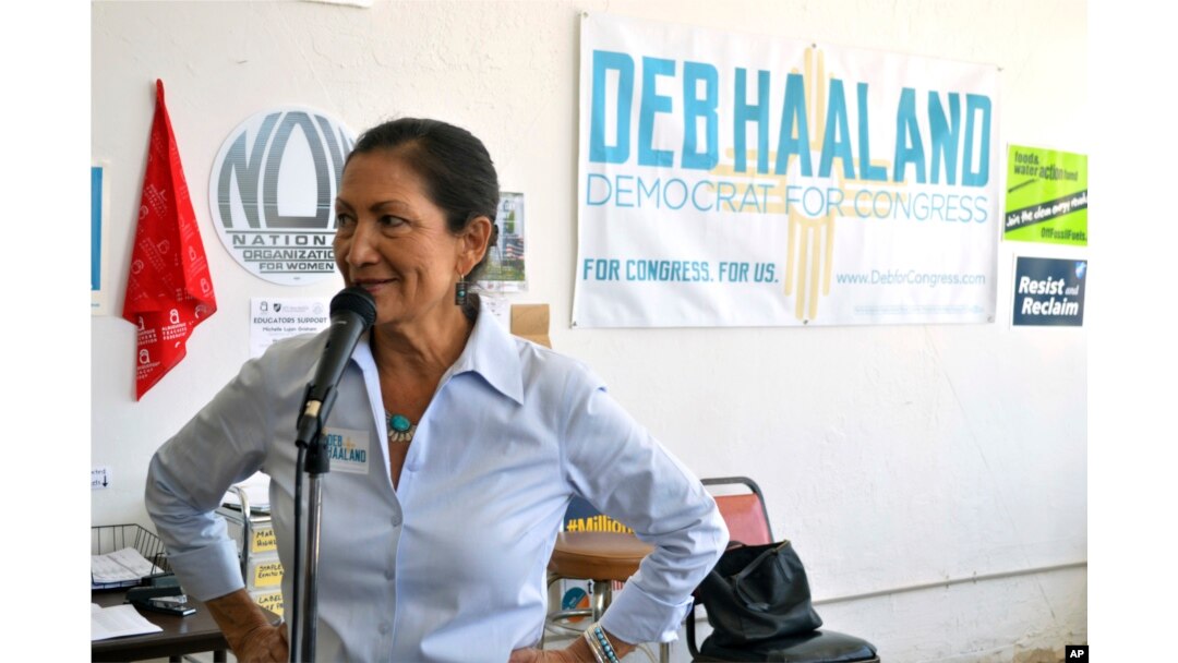 Debra Haaland, a Democratic candidate for Congress, speaks at her Albuquerque, N.M., headquarters, June 4, 2018. She won her party's nomination and will vie for the state's 1st District seat.
