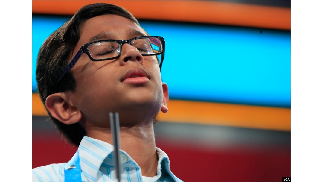 Rohan Rajeev, 14, from Edmond, Okla., reacts after misspelling the word marram and eventually losing to Ananya Vinay from Fresno, Calif., during the finals of the 90th Scripps National Spelling Bee, in Oxon Hill, Md., Thursday, June 1, 2017. (AP Photo/Manuel Balce Ceneta)
