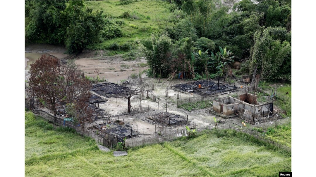An aerial view of a burned Rohingya village near Maungdaw, north of Rakhine state, Myanmar Sept. 27, 2017.