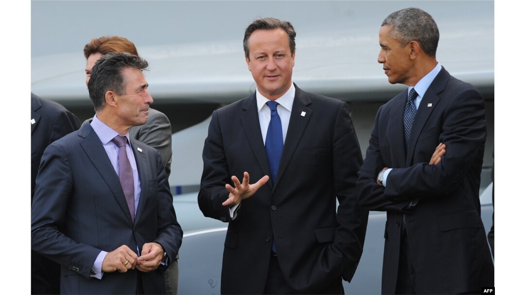 Britaniya Bosh vaziri Deyvid Kameron, AQSh rahbari Barak Obama va NATO Bosh kotibi Anders Fog Rasmussen, Nyuport, Uels, 5-sentabr, 2014