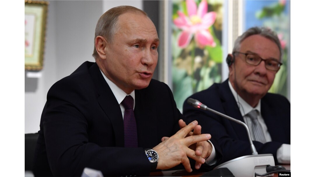 Russian President Vladimir Putin speaks during a meeting with a group of French politicians visiting Crimea, in Simferopol, March 18, 2019.