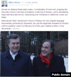 Hollywood director Oliver Stone's facebook post featuring a photo with former Ukrainian president Viktor Yanukovych, Dec. 30, 2014.