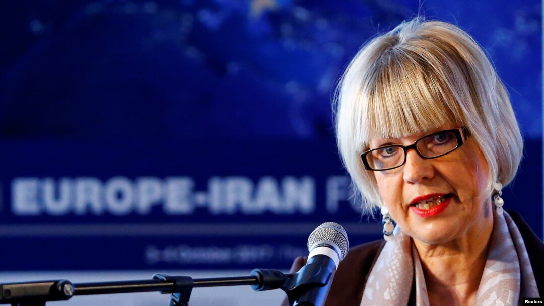 FILE - Helga Schmid, secretary general of the European External Action Service, addresses the 4th Europe-Iran Forum in Zurich, Oct. 4, 2017. 