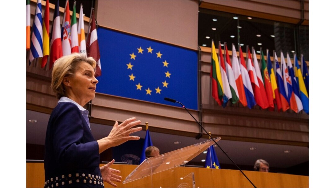 European Commission President Ursula von der Leyen addresses European lawmakers during a plenary session at the European Parliament in Brussels, Dec 16, 2020.