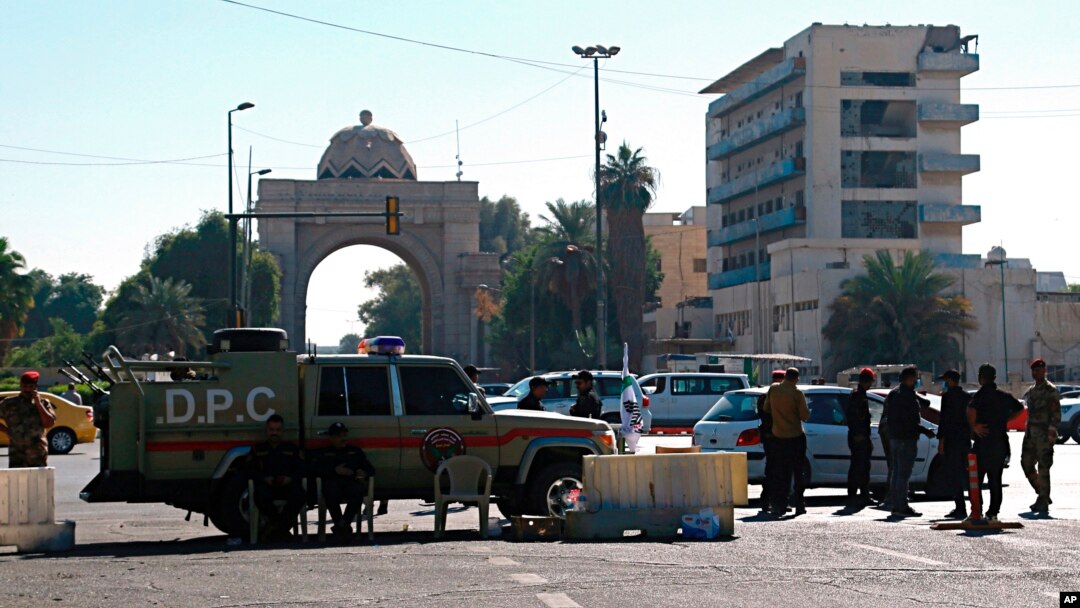 Iraqi Security forces close the heavily fortified Green Zone as they tightened security measures hours after the assassination attempt on the Prime Minister in Baghdad, Iraq, Nov. 7, 2021. 