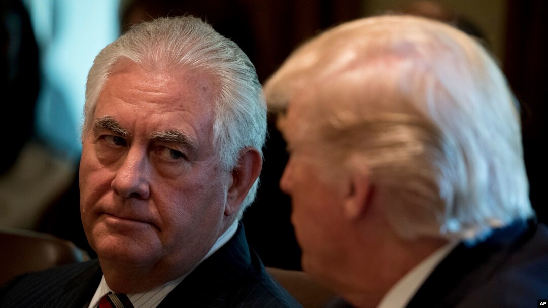 Secretary of State Rex Tillerson listens as President Donald Trump speaks during a Cabinet meeting, in the Cabinet Room of the White House in Washington, June 12, 2017.